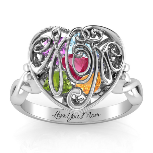 Love Mom Encased Birthstone Ring (1-8 Birthstones)