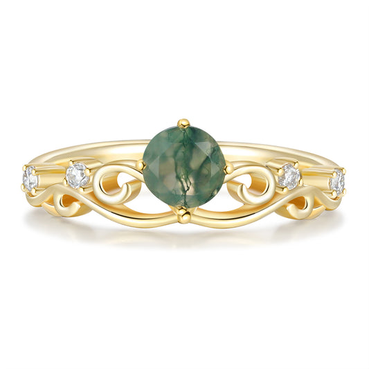 Exquisite K Gold Natural Moss Agate Ring