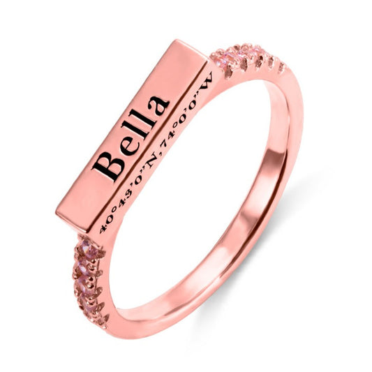 Engraved Stackable Bar Ring with Diamond Accent Stones