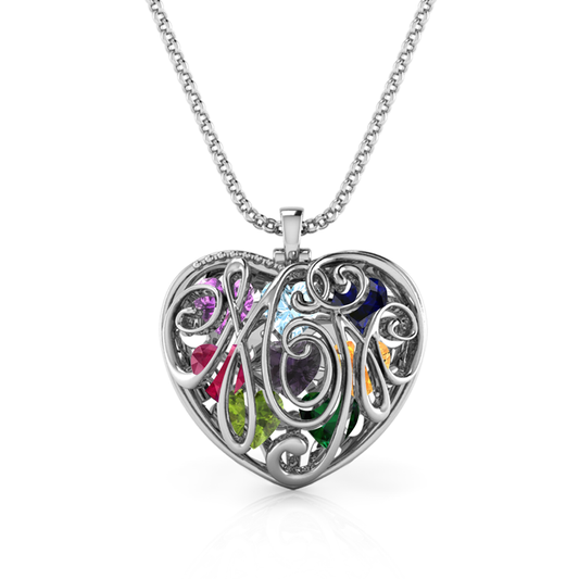 Cursive Mom Heart Encased Pendant Necklace (Upto x8 CZ Birthstones)