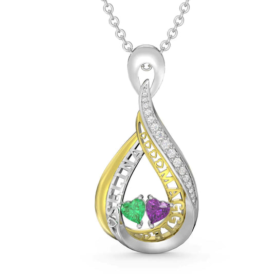 Elegant Two tone 3D Name Necklace with 2 Heart Birthstone + Diamond Accents