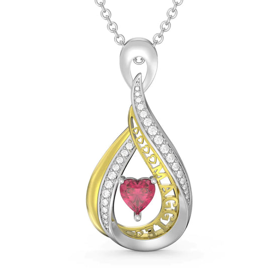 Elegant Two tone 3D Name Necklace with Heart Birthstone + Diamond Accents