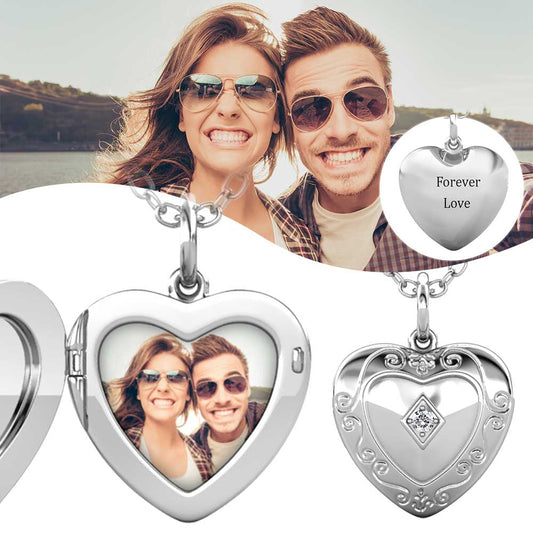 Engravable Gemstone + Elegant Heart Photo Locket Charm