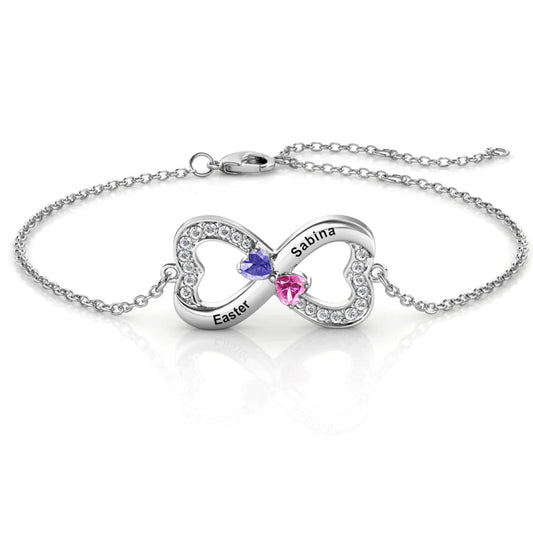 The Classic Infinity Bracelet with Engravings + 2 Heart Birthstone