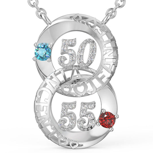 Anniversary 3D 2 Names Necklace with 2 Birthstones