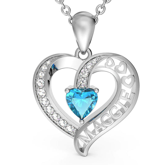 Swooping 3D Name Necklace with Heart Birthstone + Diamond Accents