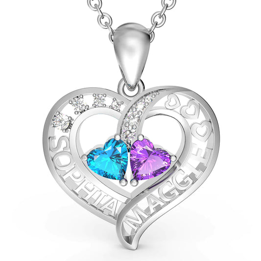 Exquisite 3D Dual Name Necklace with 2 Heart Birthstones