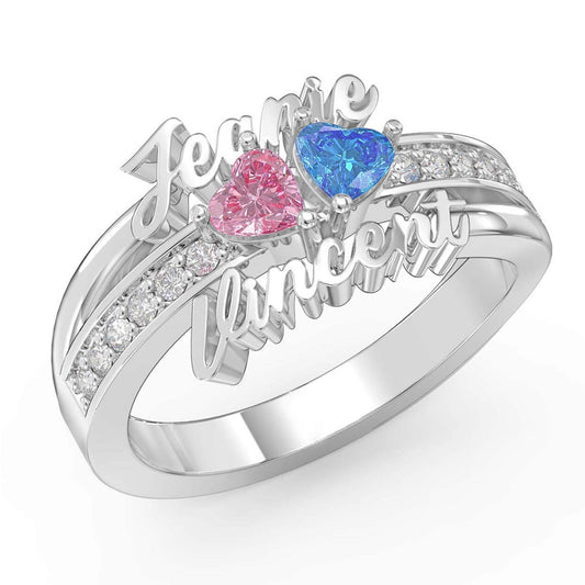 Sweet Dual name ring with 2 birthstones & Diamond Accents