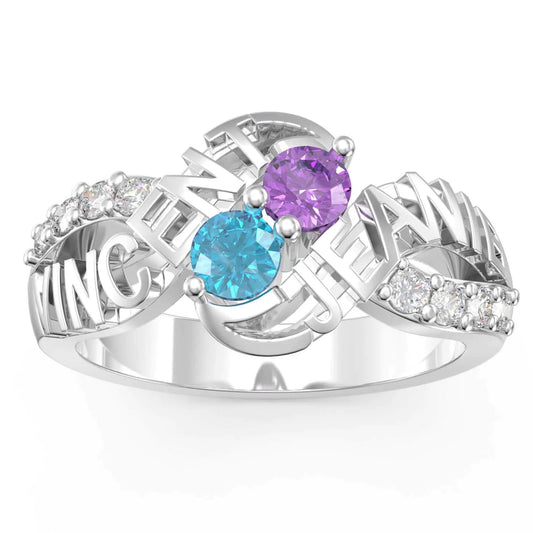 Dual Name Ring with Personalised Round Birthstones + Diamond Accents